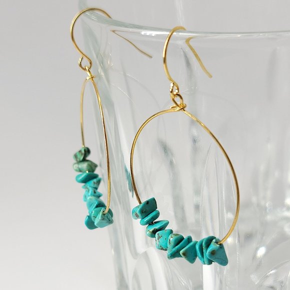 NEW Natural Turquoise Stones Wire Hoop Earrings - Picture 6 of 10